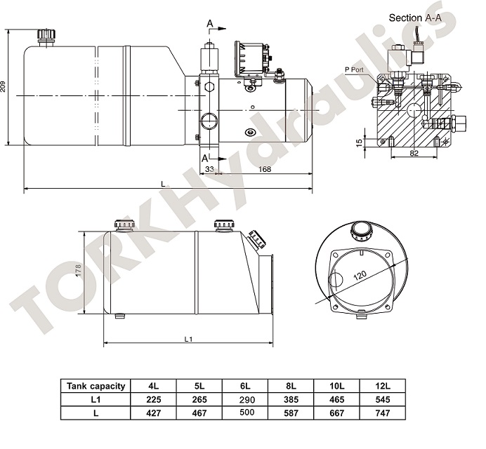 یونیت 1/6 کیلووات 4cc/r مخزن 6 بالابری 24 ولت افقی, hidrolik powerpack uniteleri